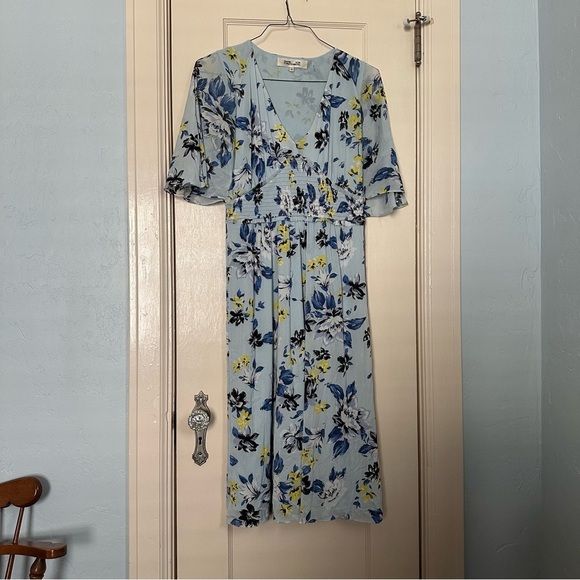 Diane Von Furstenberg Nala Dress Blue & Yellow Floral Babydoll Short Sleeve Sz M - Picture 2 of 13